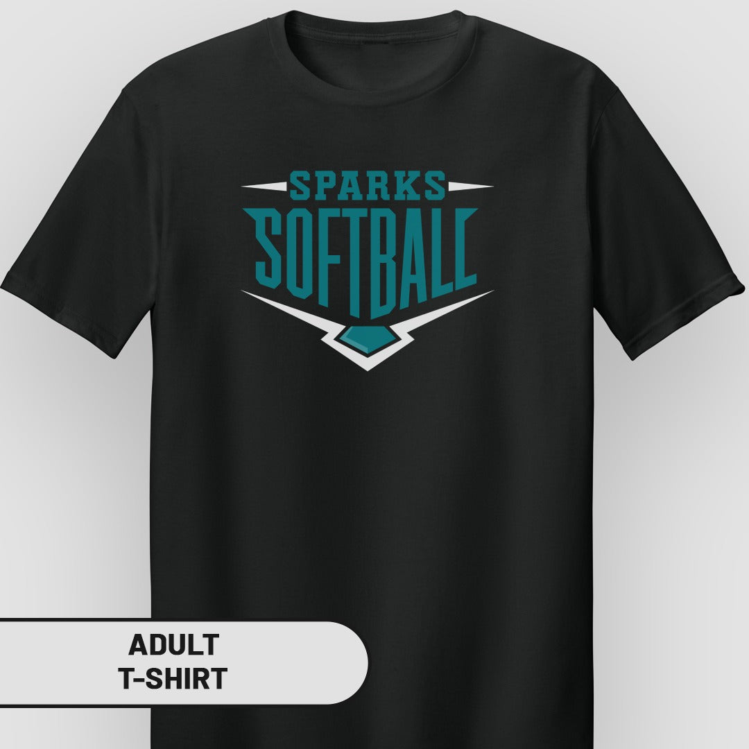 Black adult t-shirt with "SPARKS SOFTBALL" logo in teal and white.