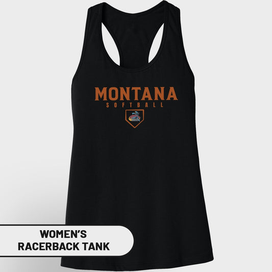 Black women's racerback tank with "Montana Softball" and a shield logo.