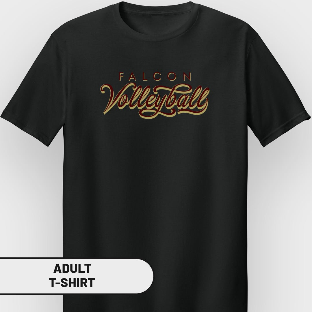 Black adult t-shirt with "FALCON Volleyball" text in stylized gold and red.