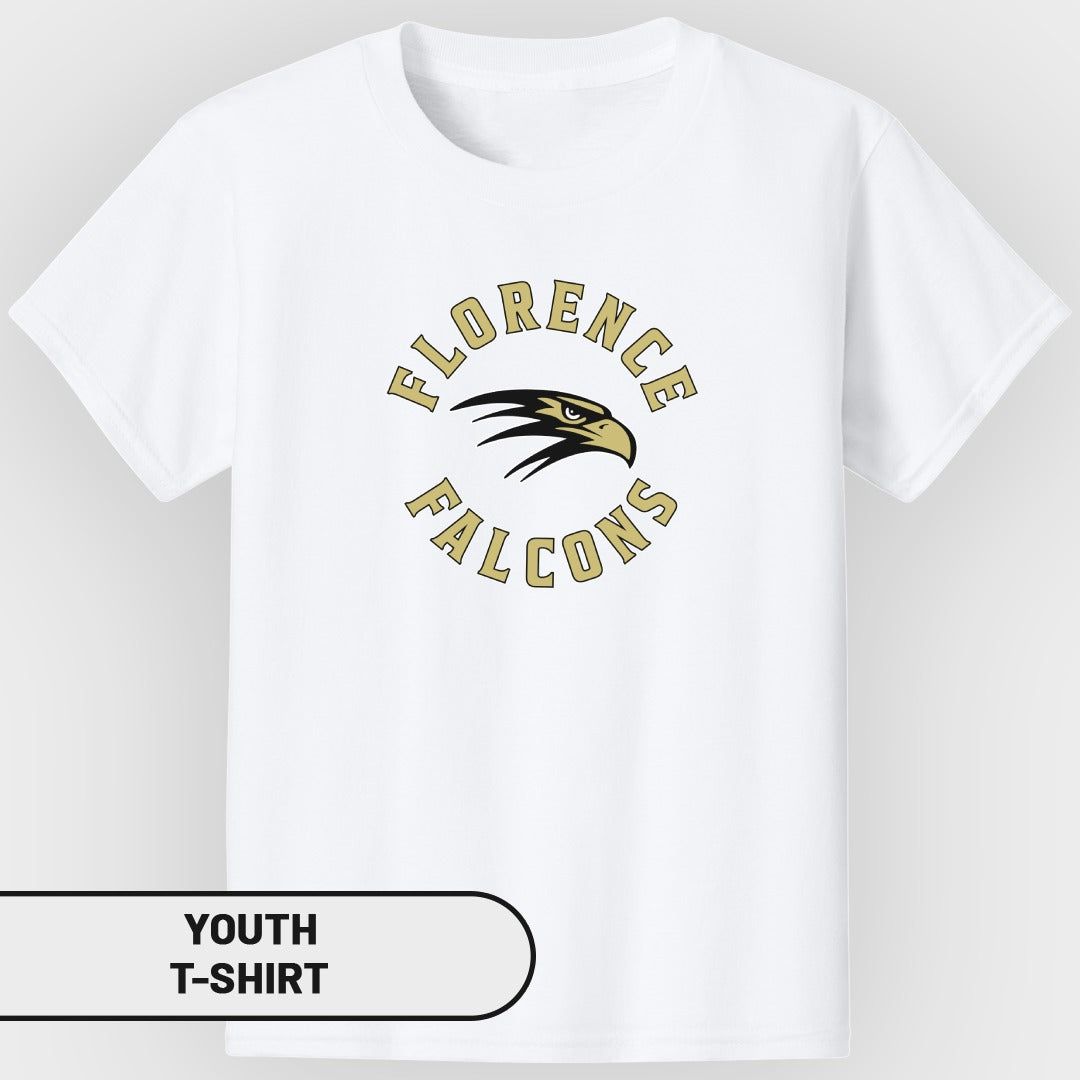 White youth t-shirt with circular "Florence Falcons" logo and eagle head graphic.