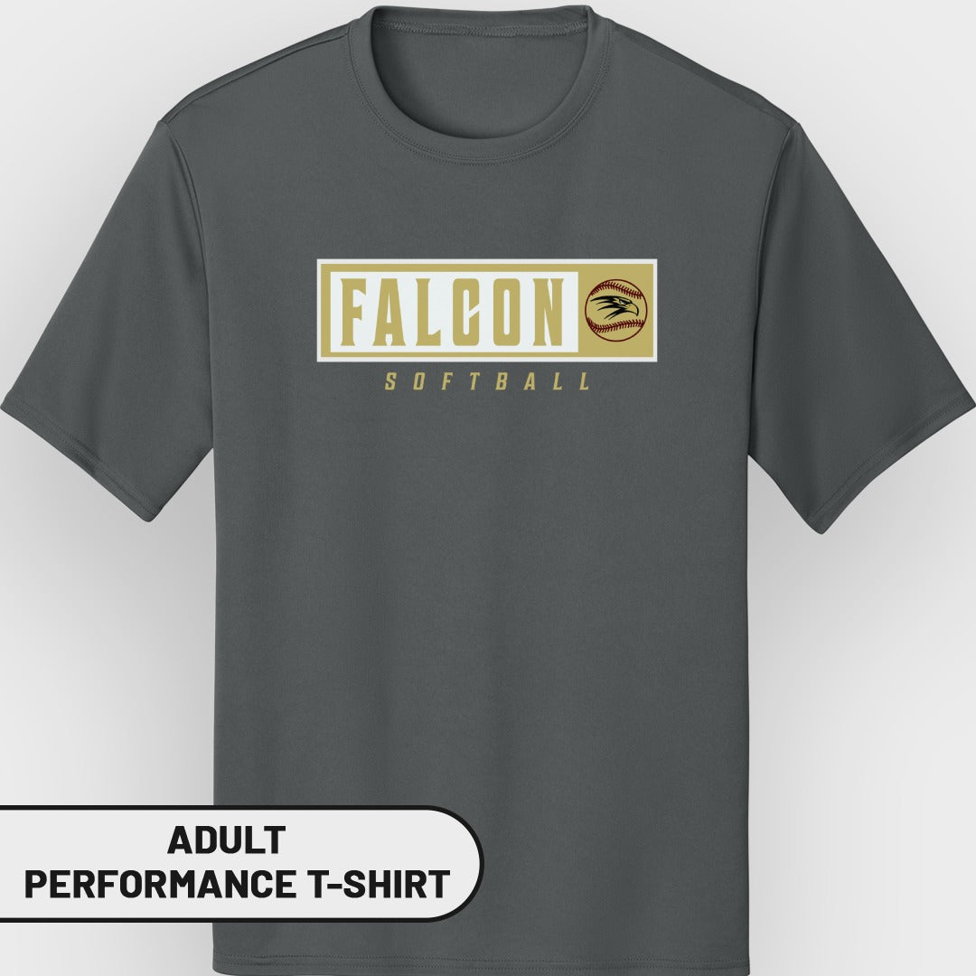 Grey adult performance t-shirt with "FALCON SOFTBALL" and softball graphic.