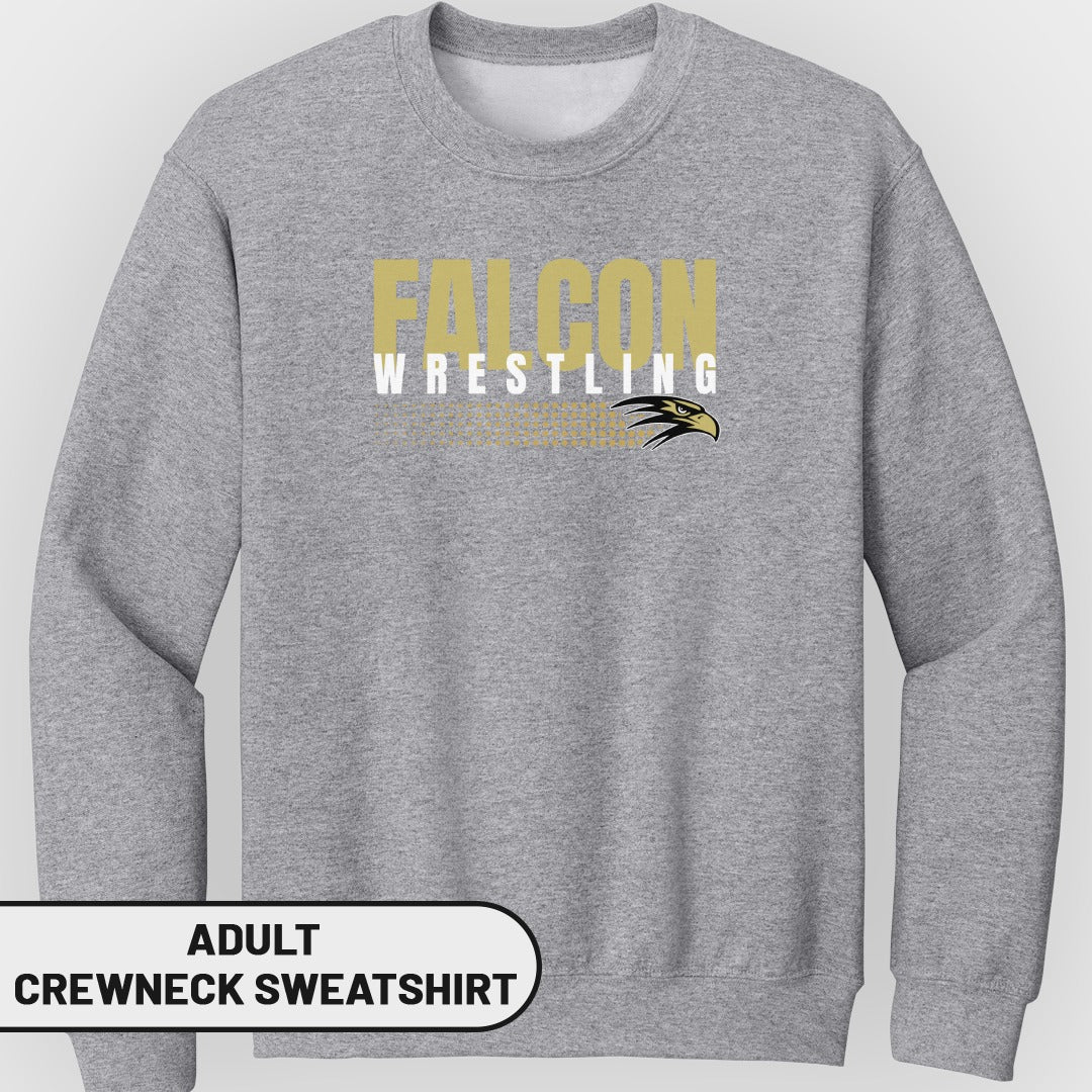 Grey adult crewneck sweatshirt with gold "FALCON" and "WRESTLING" text and falcon logo.