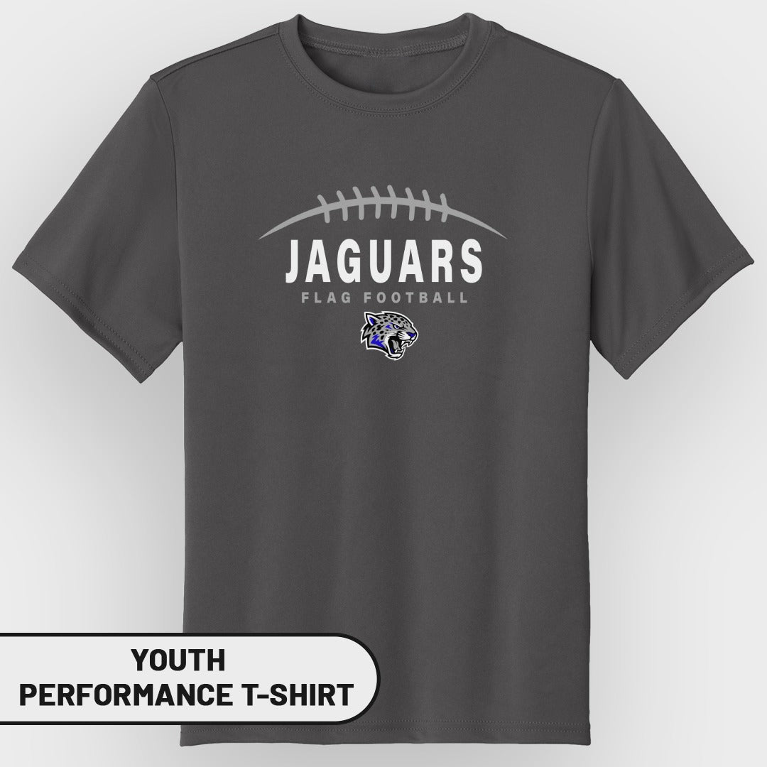 Dark grey youth performance t-shirt with Jaguars flag football graphic.