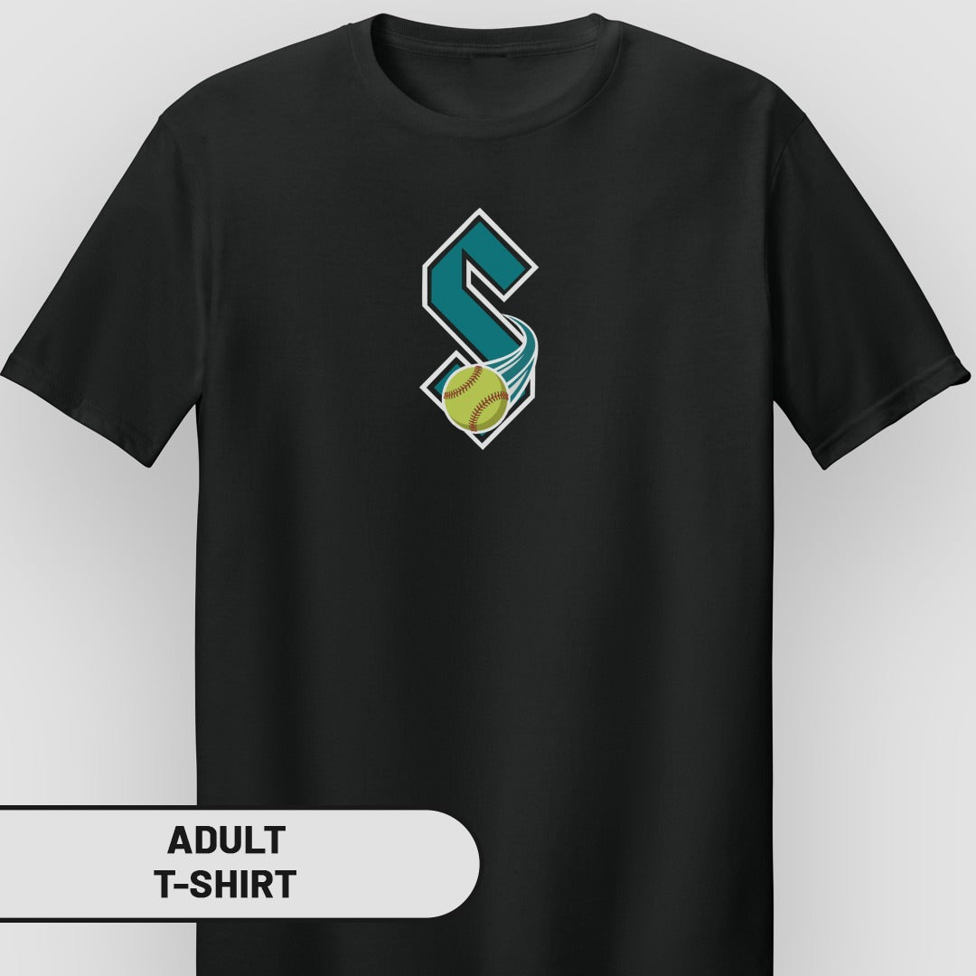 Black t-shirt with a teal "S" logo and a softball with a swoosh.