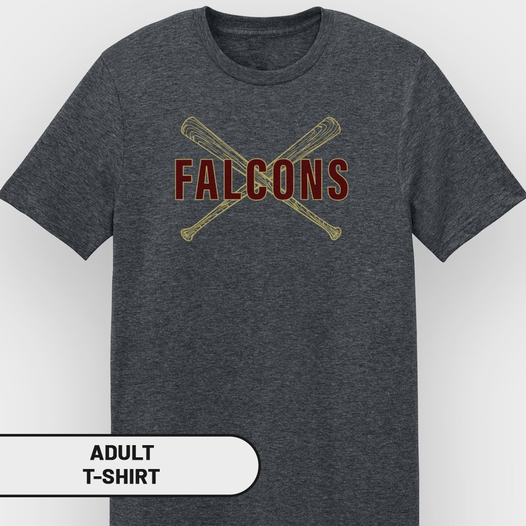 Dark grey t-shirt with crossed baseball bats and "FALCONS" text.
