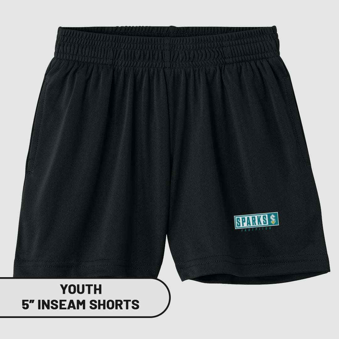 Black youth shorts with "SPARKS" logo and "5" inseam shorts" text.