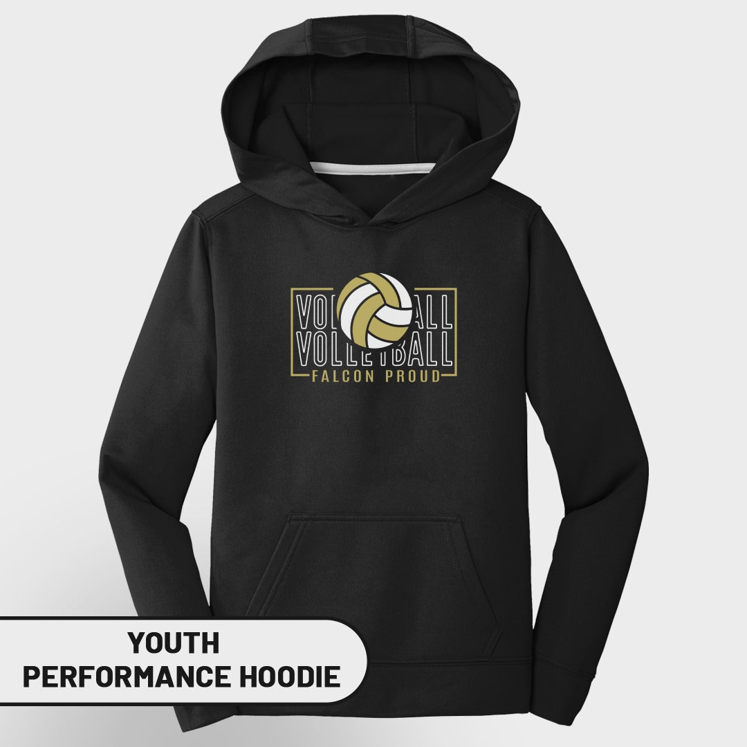 Black youth performance hoodie with "Volleyball Falcon Proud" graphic.