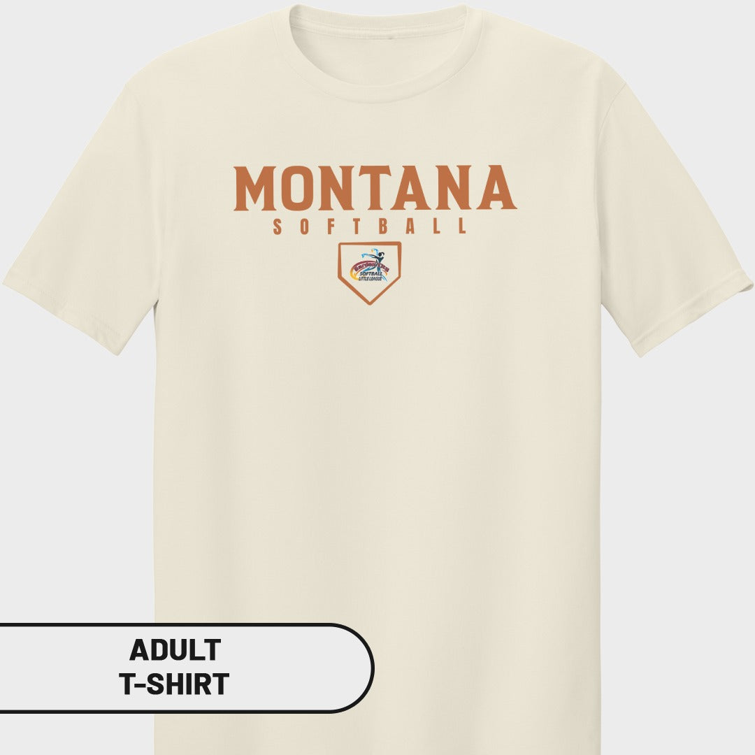 Cream adult t-shirt with "MONTANA SOFTBALL" and a home plate logo.