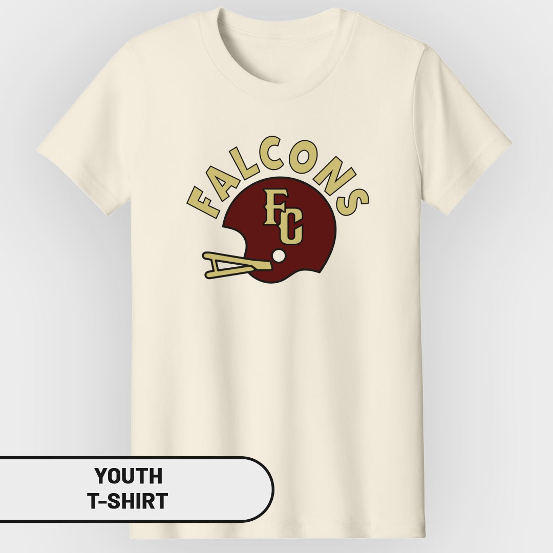 Cream youth t-shirt with maroon football helmet and "Falcons" text.