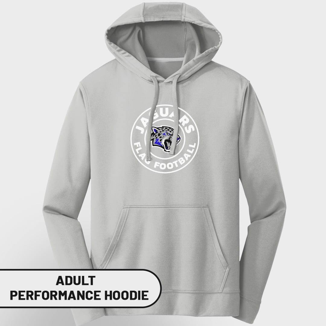 Gray adult performance hoodie with white circle logo featuring a jaguar head and "FLA FOOTBALL JAGUARS".