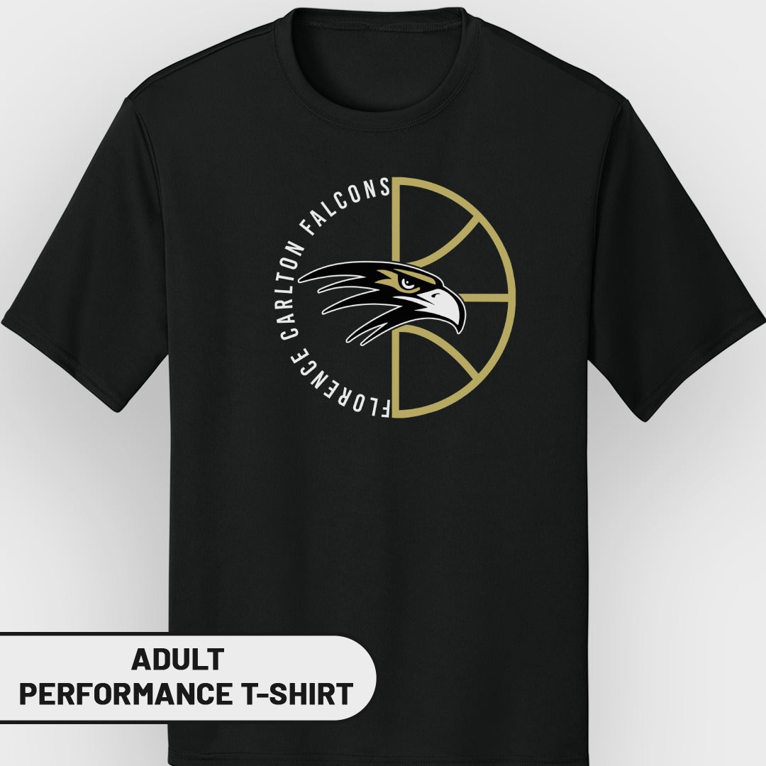 Black t-shirt with Carlton Falcons basketball logo and text.