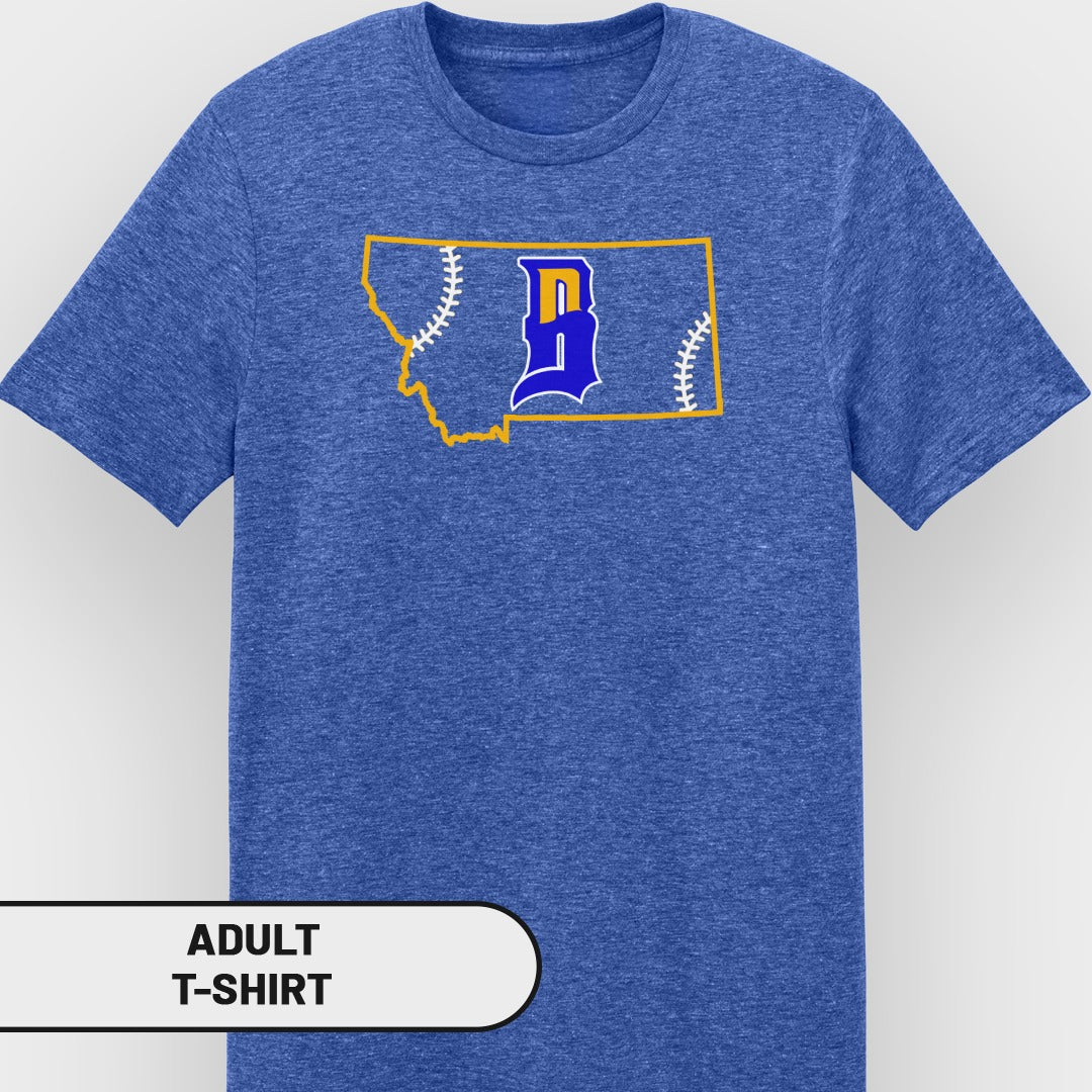 Blue t-shirt with Montana outline and baseball stitch "D" logo.