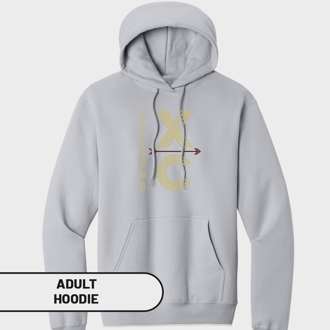 Light gray adult hoodie with "FALCONS XC" text and graphic.