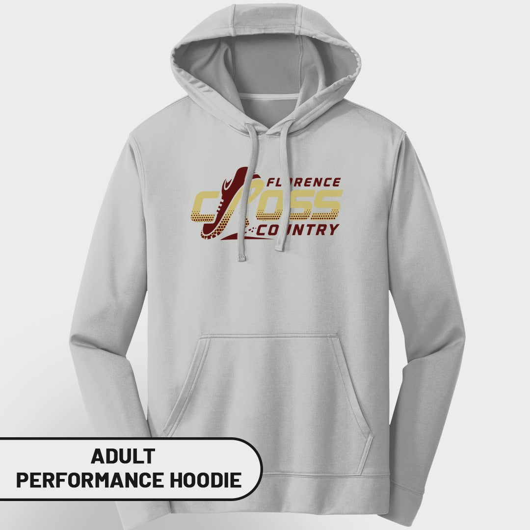 Light grey adult performance hoodie with "Florence Cross Country" graphic.