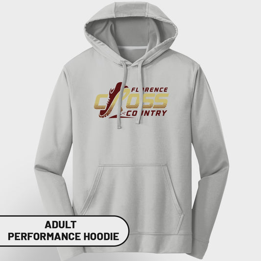 Light grey adult performance hoodie with "Florence Cross Country" graphic.