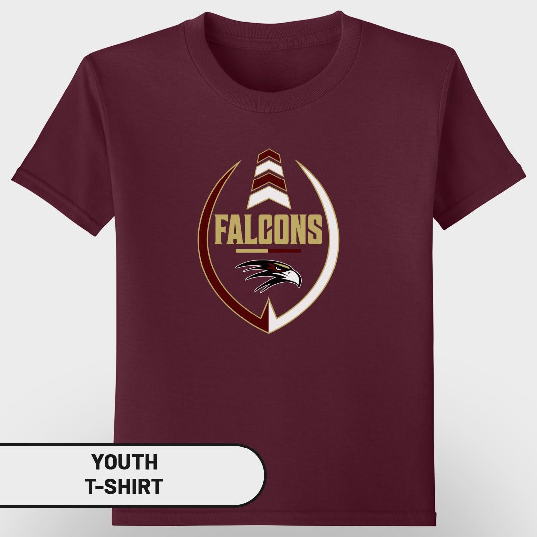 Maroon youth t-shirt with a "Falcons" logo featuring an eagle head.