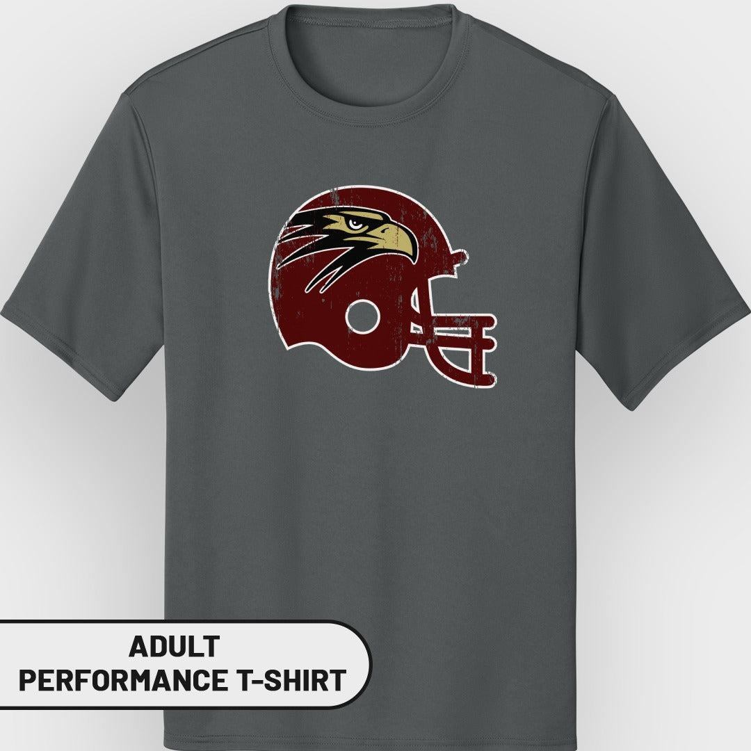Dark grey adult performance t-shirt with vintage eagle helmet graphic.