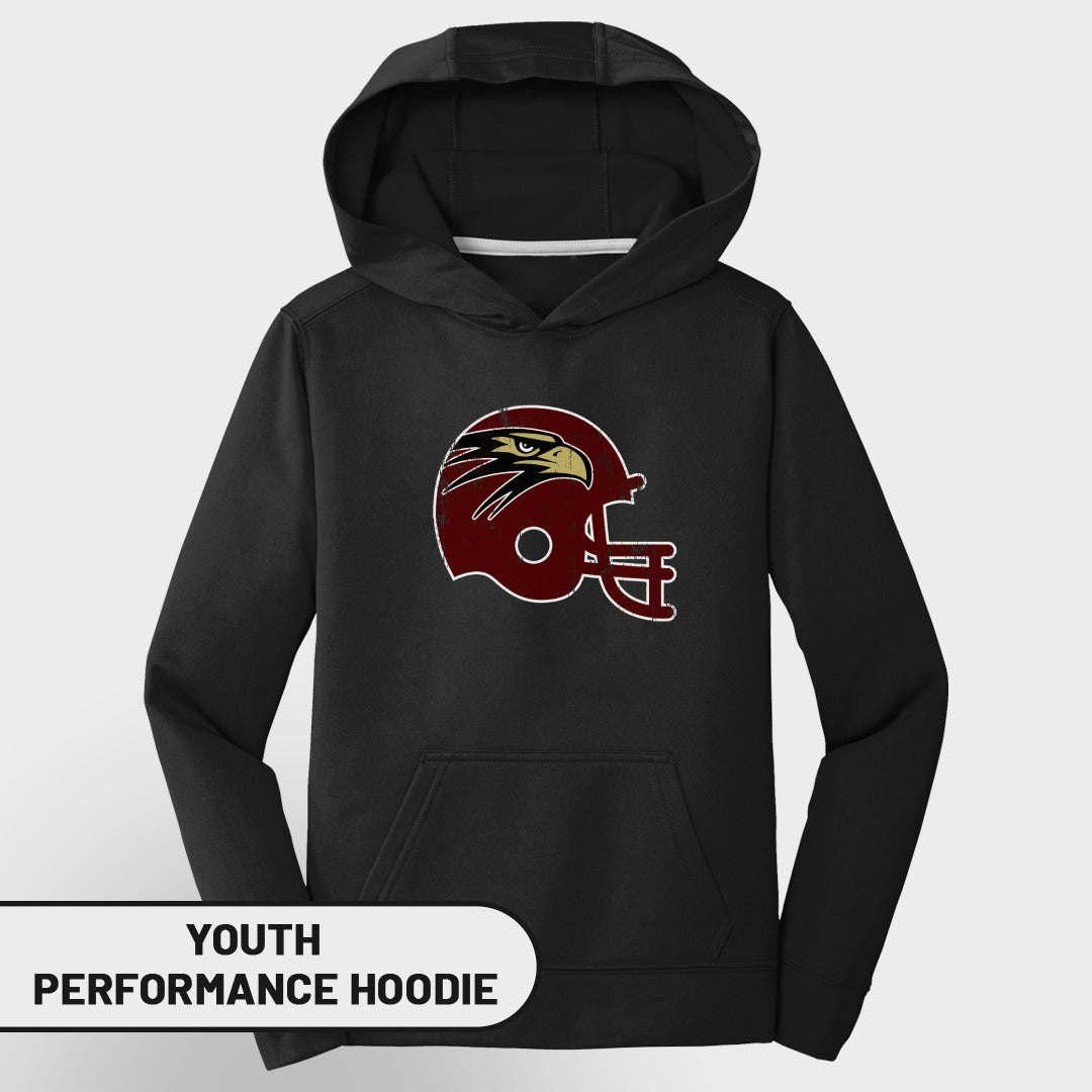 Youth black performance hoodie with maroon and gold eagle helmet logo.
