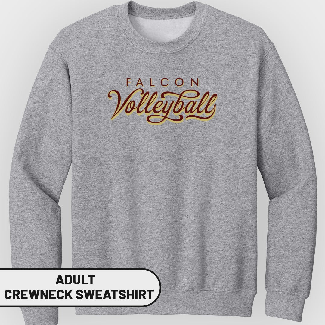 Gray adult crewneck sweatshirt with "Falcon Volleyball" text design.