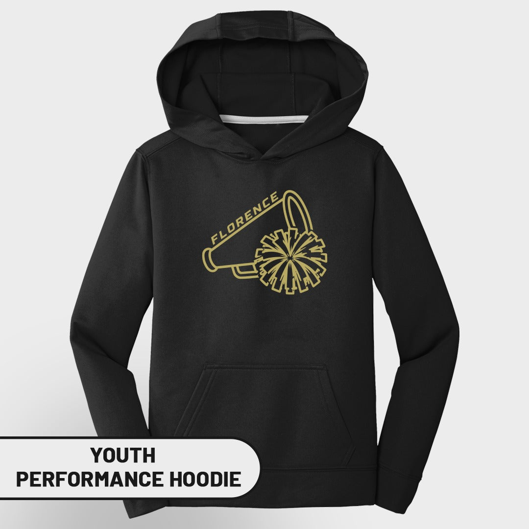 Black youth performance hoodie with gold megaphone and pom-pom graphic with "FLORENCE".