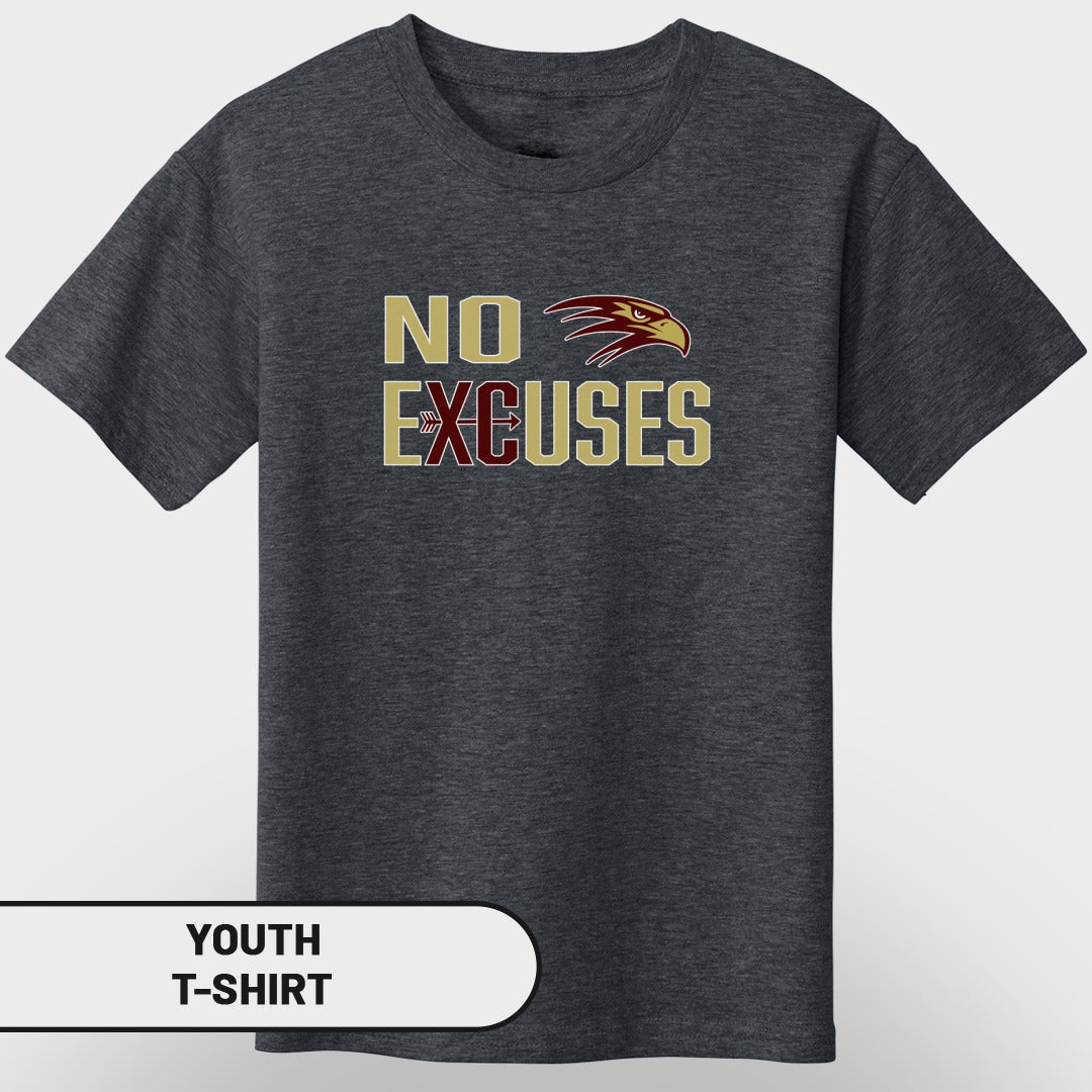 Dark gray youth t-shirt with "NO EXCUSES" text and eagle graphic.