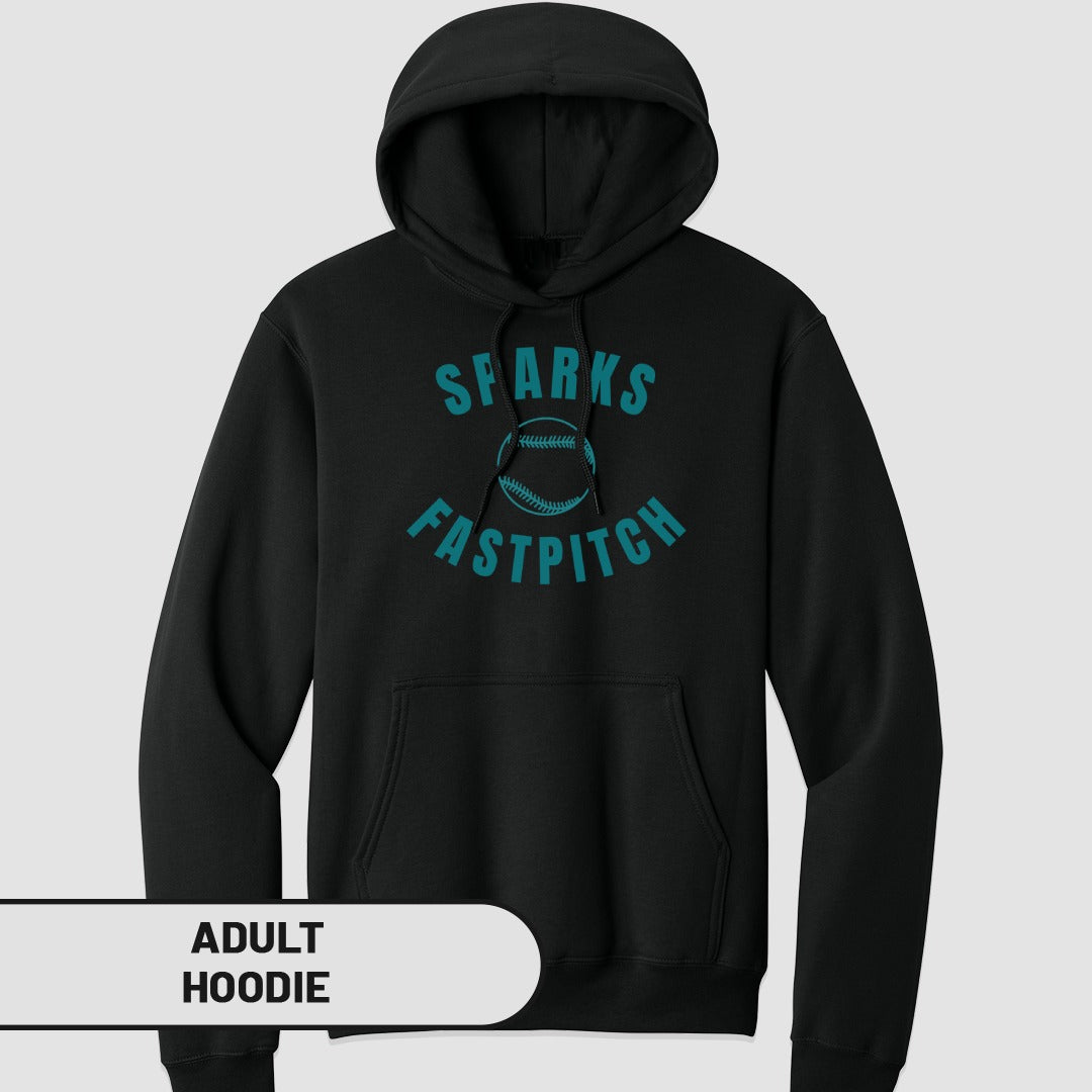 Black hoodie with "SPARKS FASTPITCH" in teal lettering.