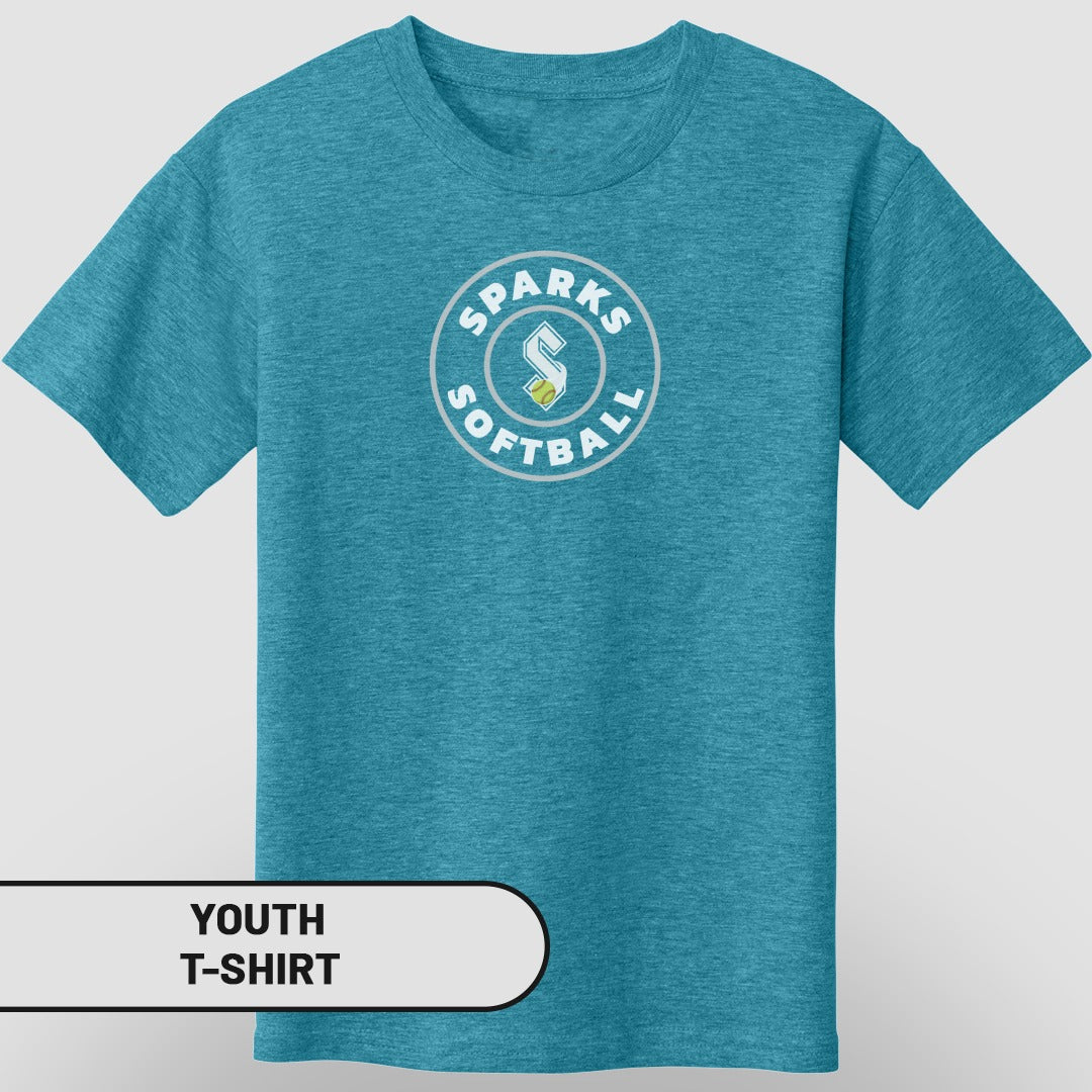 Youth t-shirt with "SPARKS SOFTBALL" logo and a stylized 'S'.