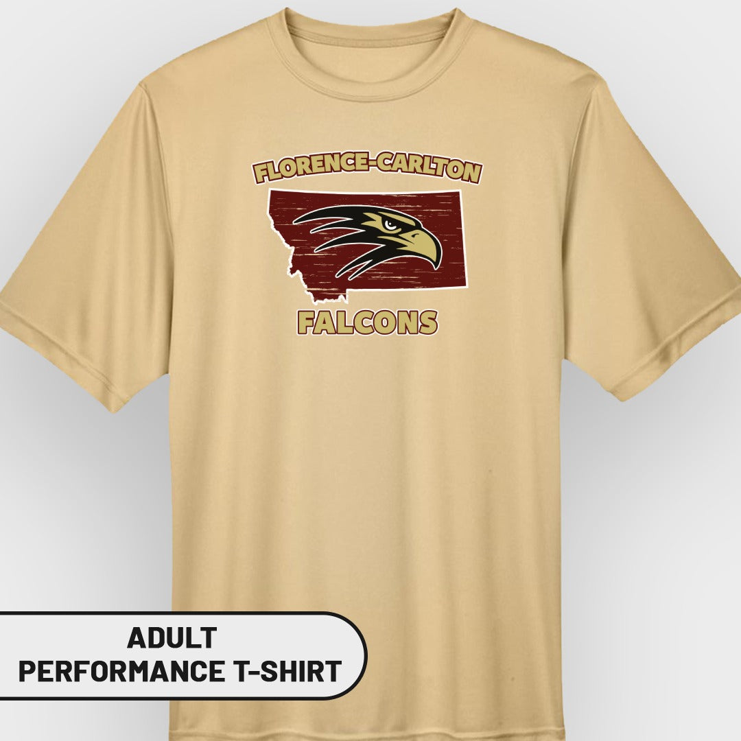 Tan t-shirt with Florence-Carlton Falcons logo featuring a falcon head and Montana state outline.