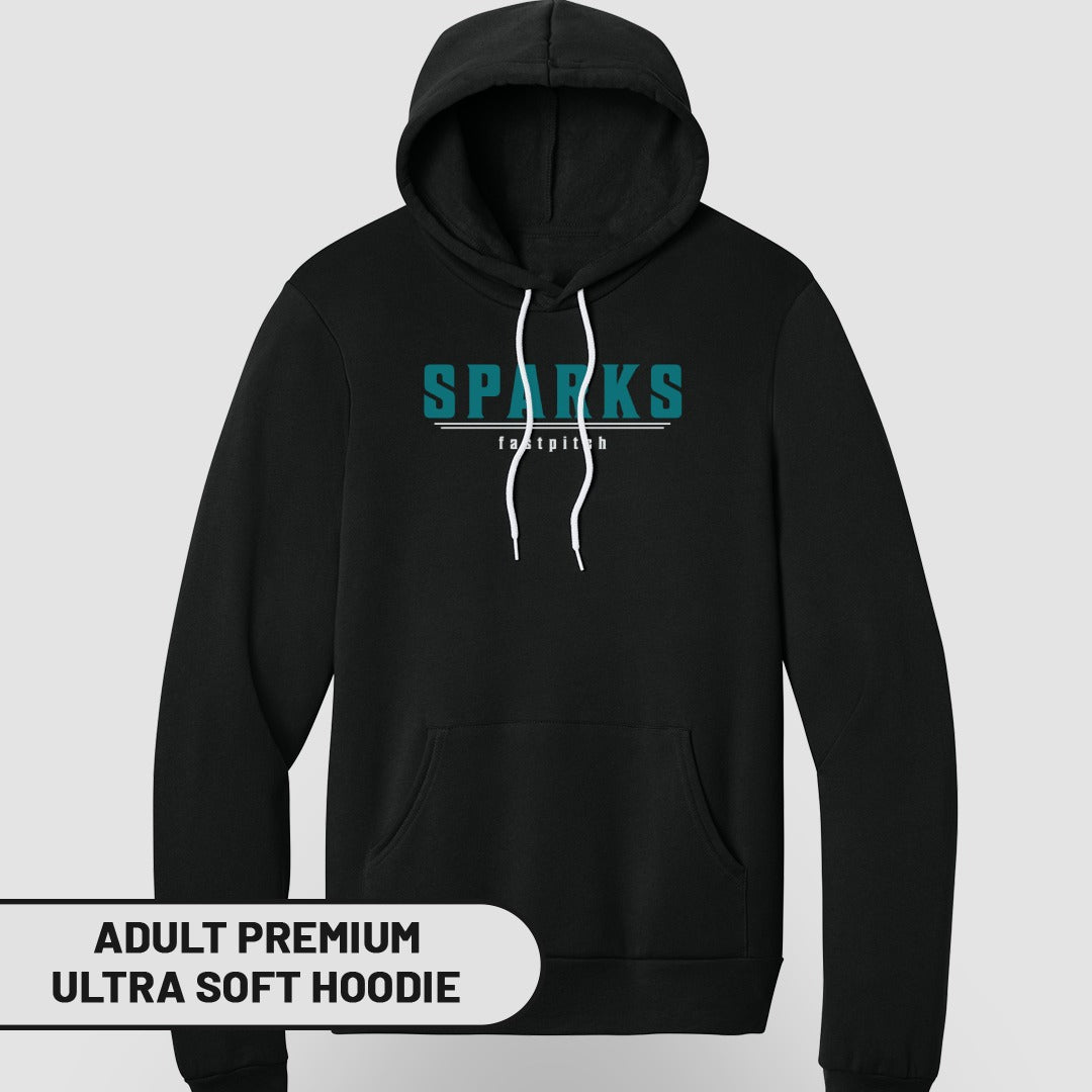Black adult premium ultra soft hoodie with SPARKS text logo.