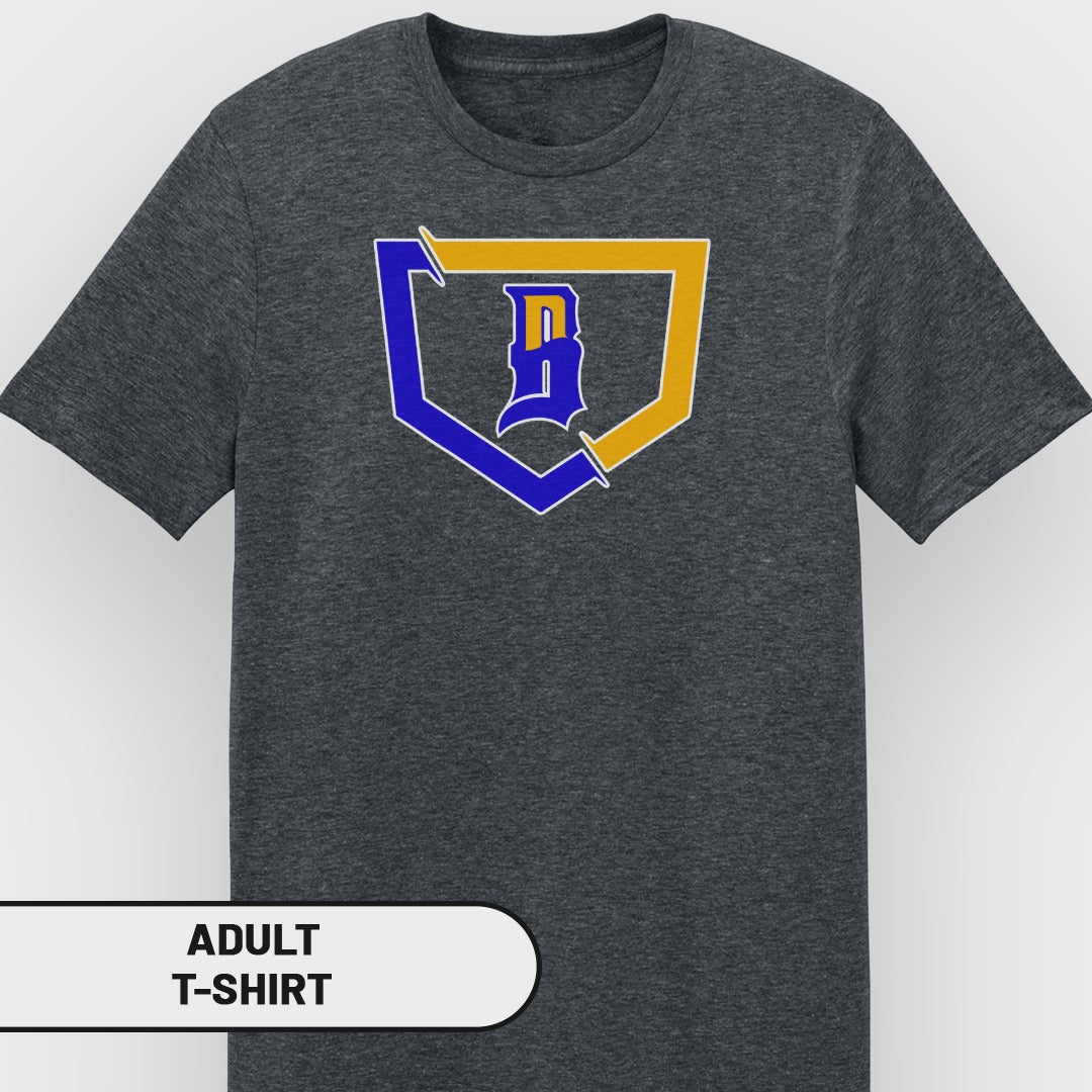 Dark grey adult t-shirt with a blue and yellow shield logo featuring a white letter "B".