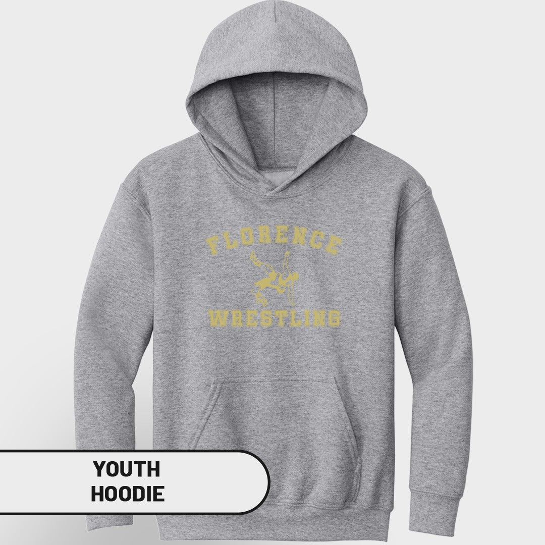 Grey youth hoodie with "Florence Wrestling" text and graphic.