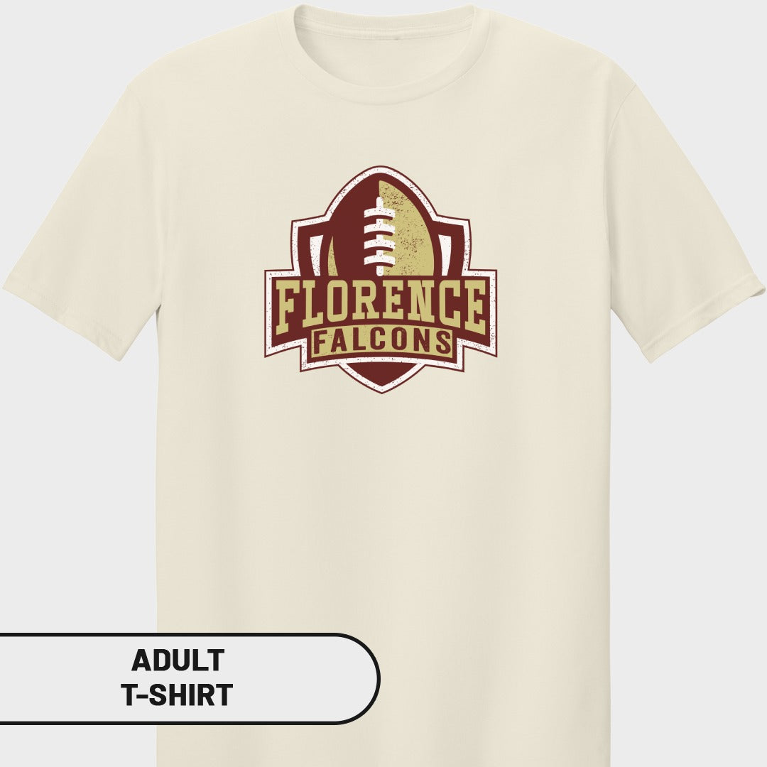 Cream adult t-shirt with Florence Falcons football team logo.