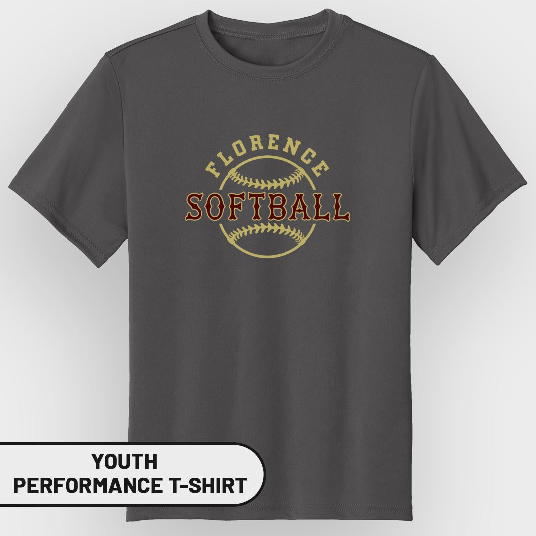 Youth dark gray performance t-shirt with "Florence Softball" graphic on chest.