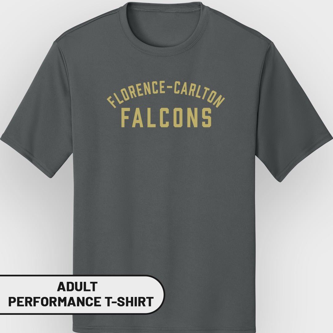Dark grey adult performance t-shirt with "Florence-Carlton Falcons" text.