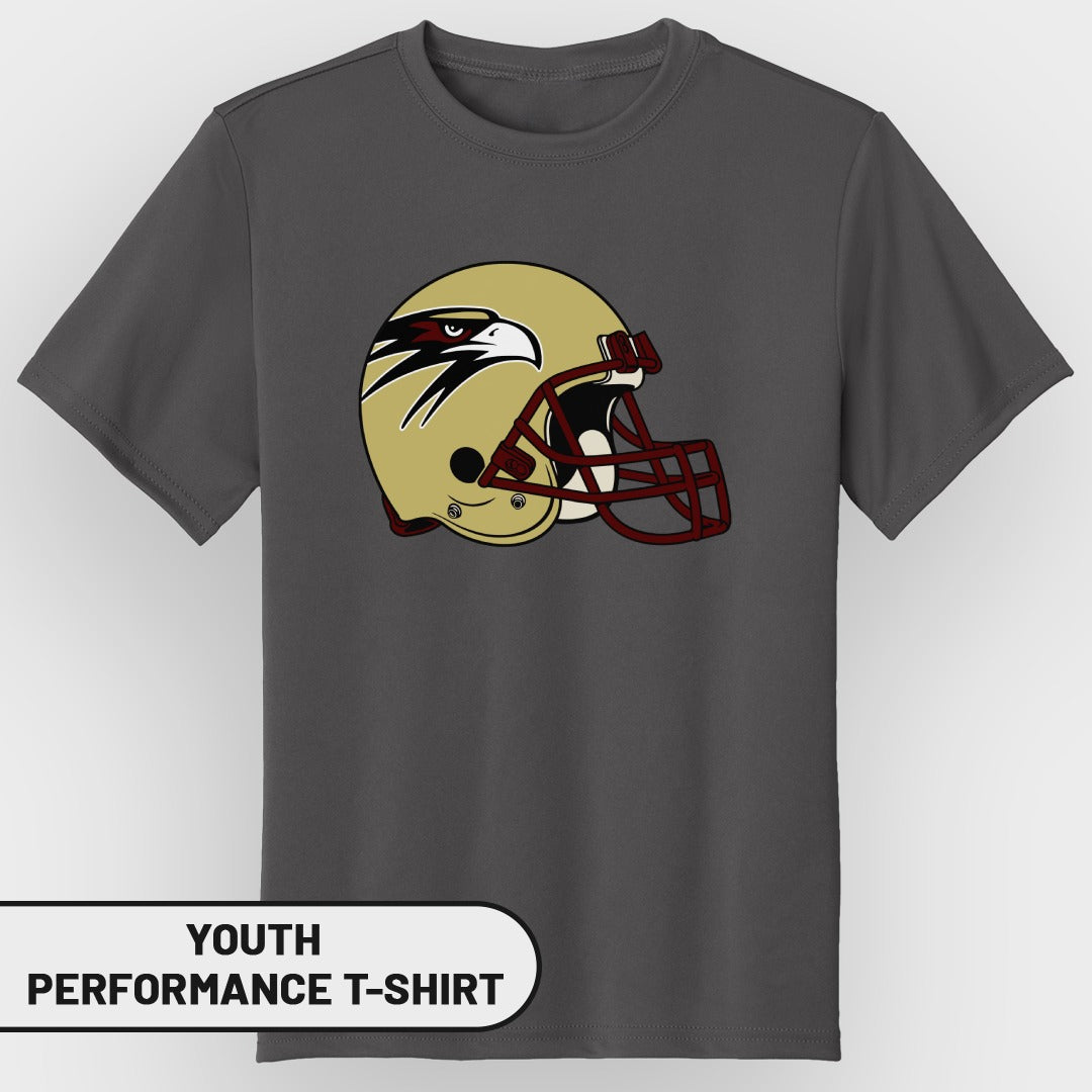 Youth performance t-shirt with a gold football helmet and eagle logo graphic.
