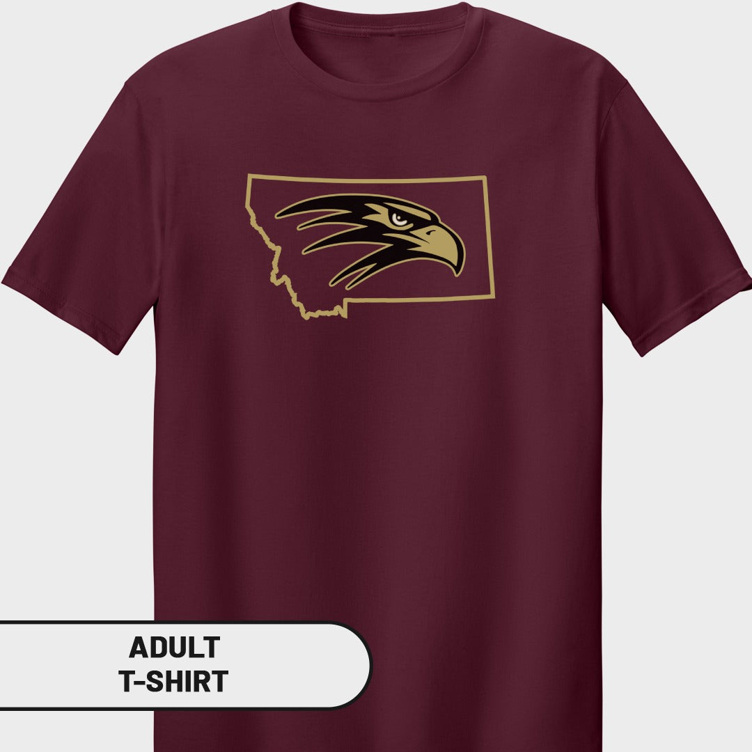 Maroon t-shirt with Montana outline and eagle head graphic.