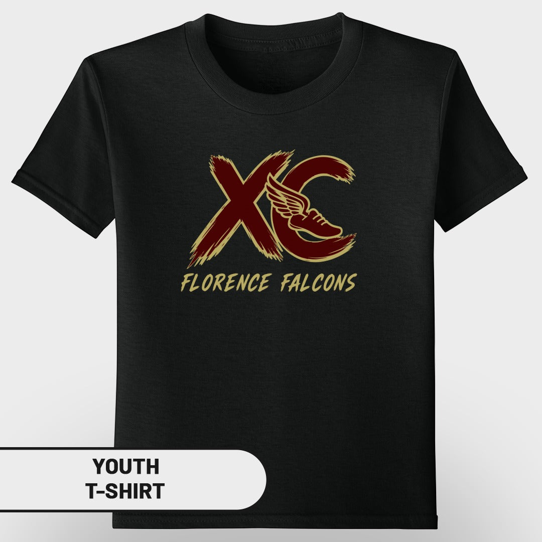 Black youth t-shirt with maroon and gold "XC Florence Falcons" cross country logo.