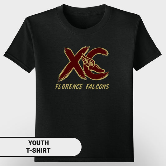 Black youth t-shirt with maroon and gold "XC Florence Falcons" cross country logo.