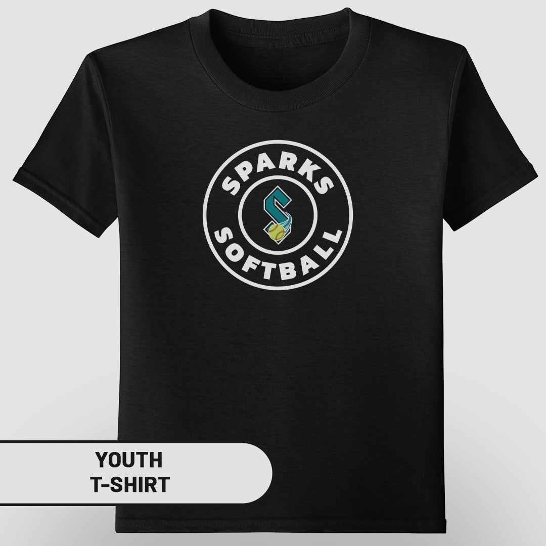 Black youth t-shirt with Sparks Softball circular logo in white and yellow.