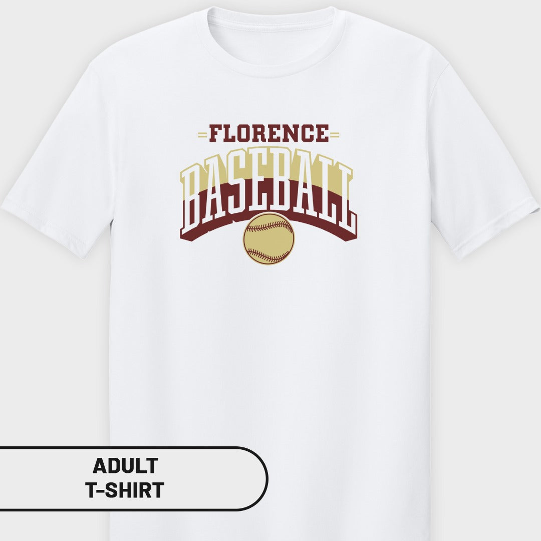 White adult t-shirt with "Florence Baseball" text and baseball graphic.