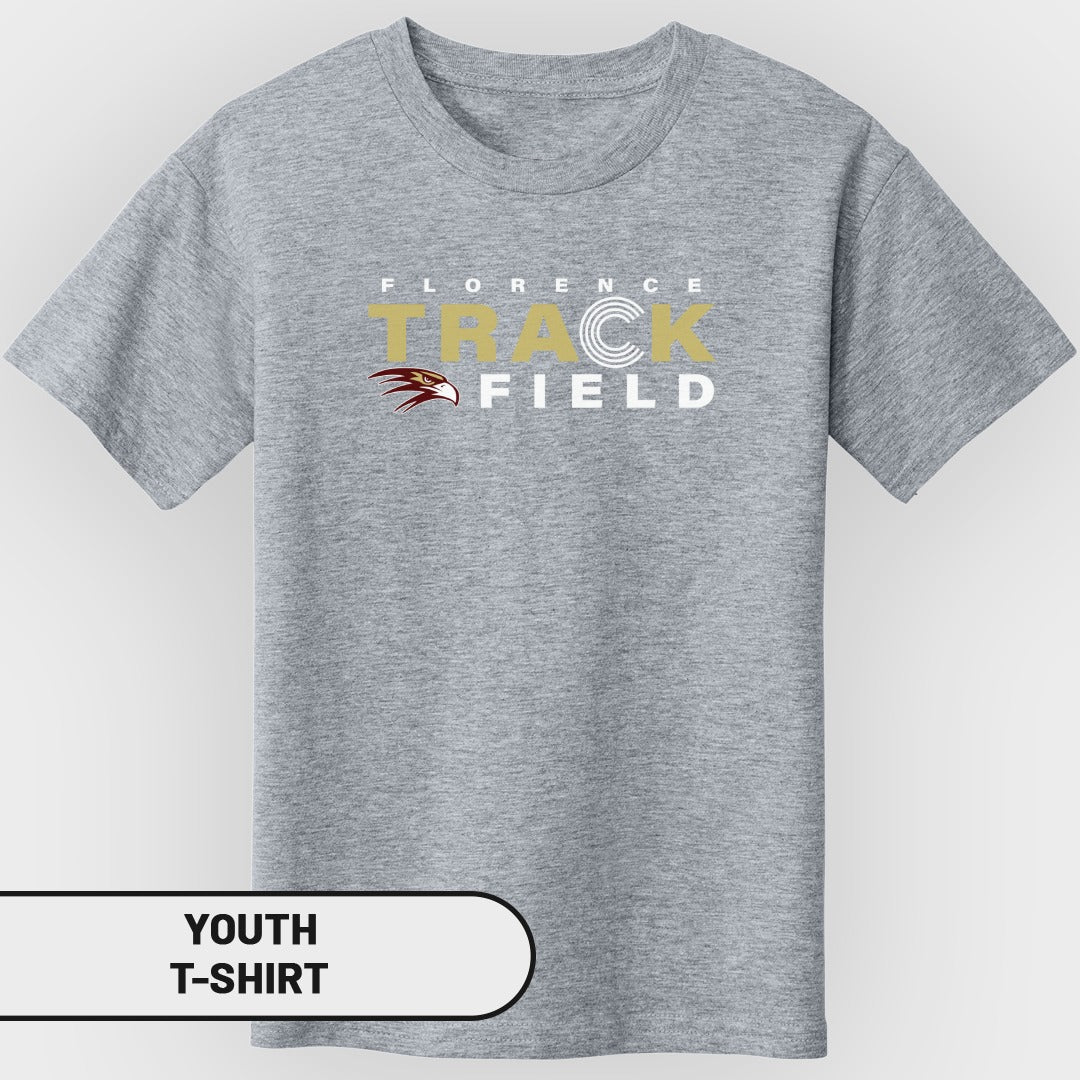 Grey youth t-shirt with "Florence Track Field" text and eagle graphic.