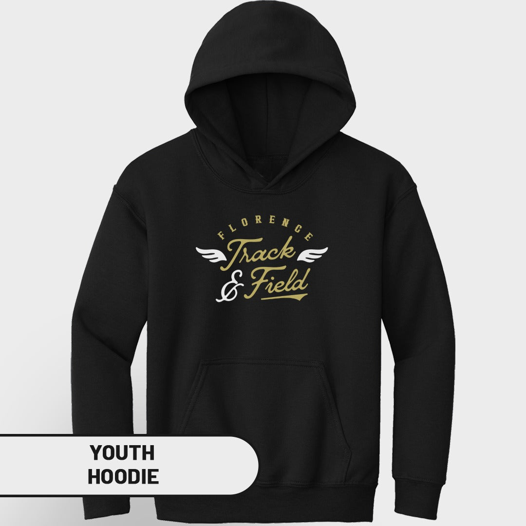Black youth hoodie with "Florence Track & Field" text and wing graphics.