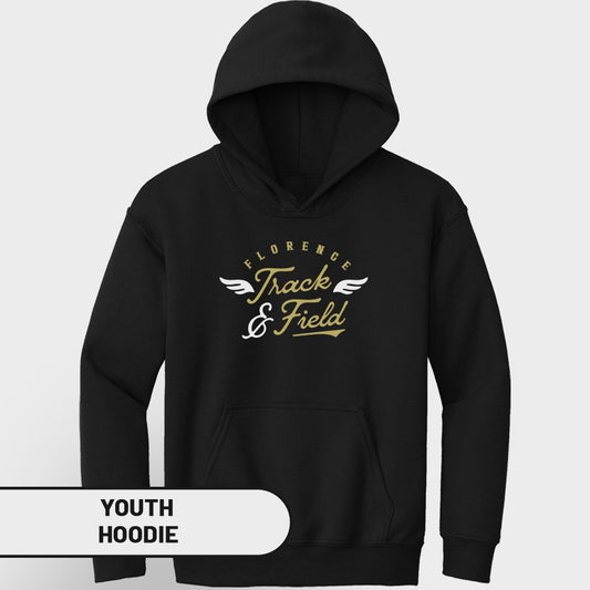 Black youth hoodie with "Florence Track & Field" text and wing graphics.