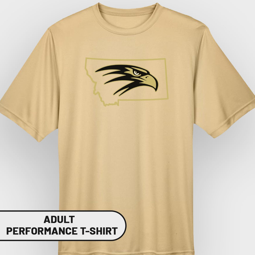 Tan adult performance t-shirt with Montana outline and eagle head logo.