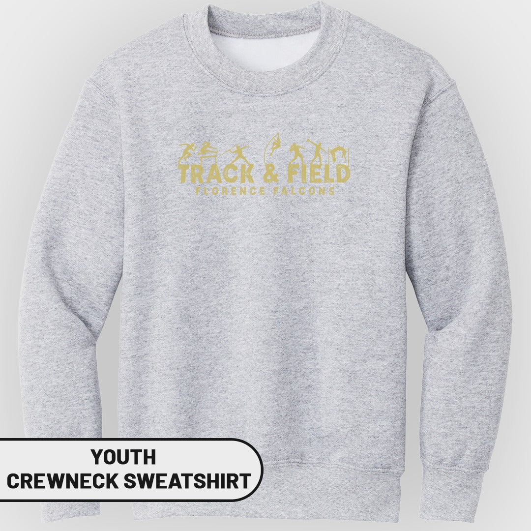 Youth crewneck sweatshirt with "Track & Field Florence Falcons" text and athletic figures.