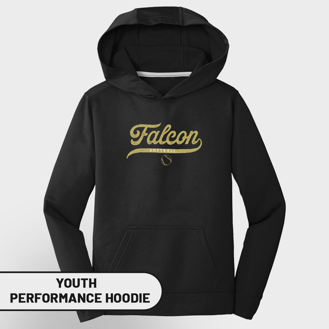 Black youth performance hoodie with gold "Falcon Softball" graphic and baseball icon.