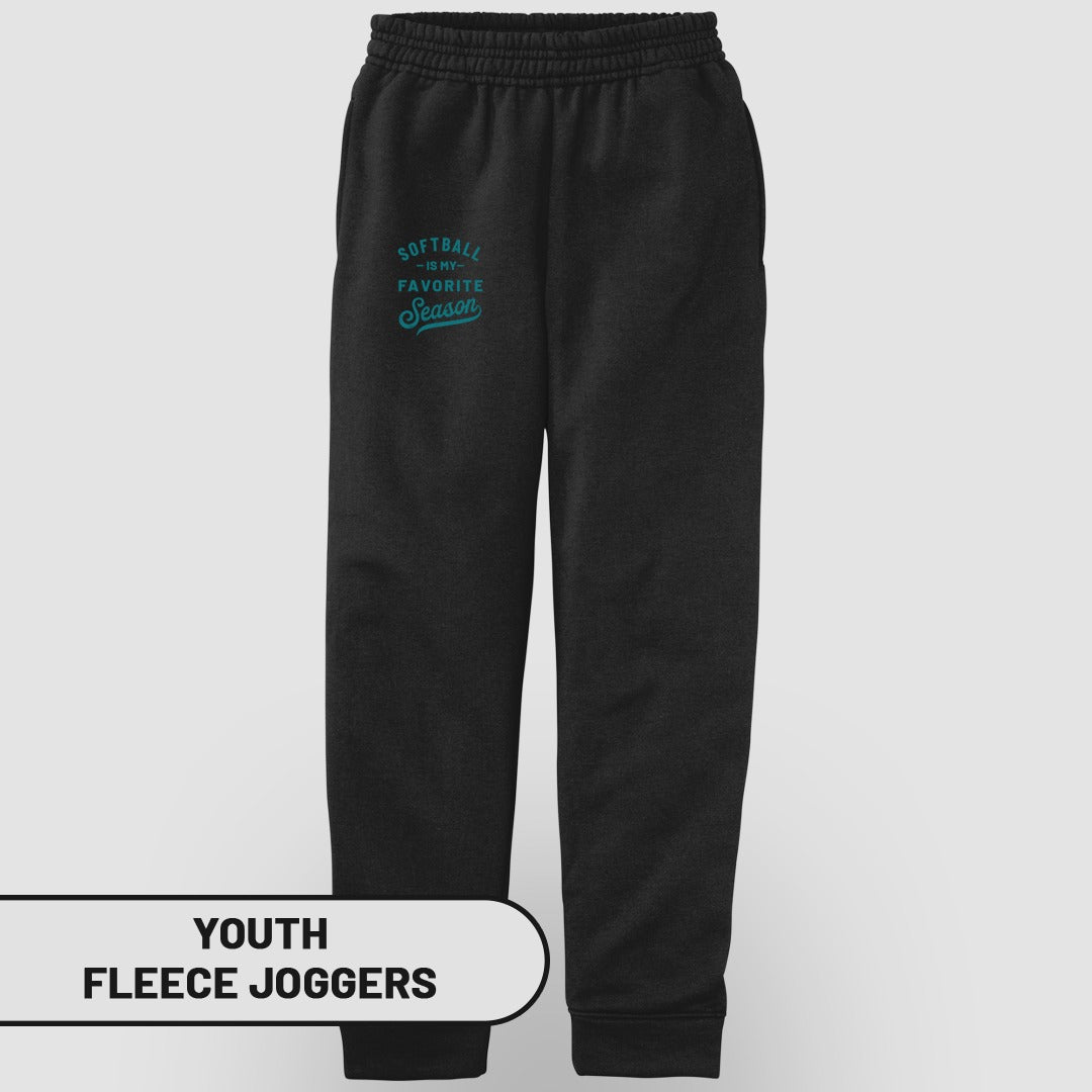 Black youth fleece joggers with "Softball is my favorite season" text.