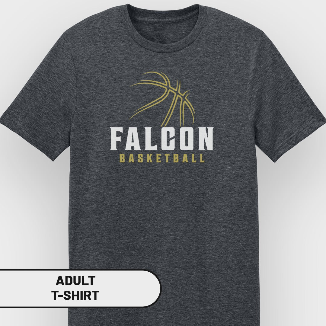 Dark grey adult t-shirt with "FALCON BASKETBALL" text and basketball graphic.
