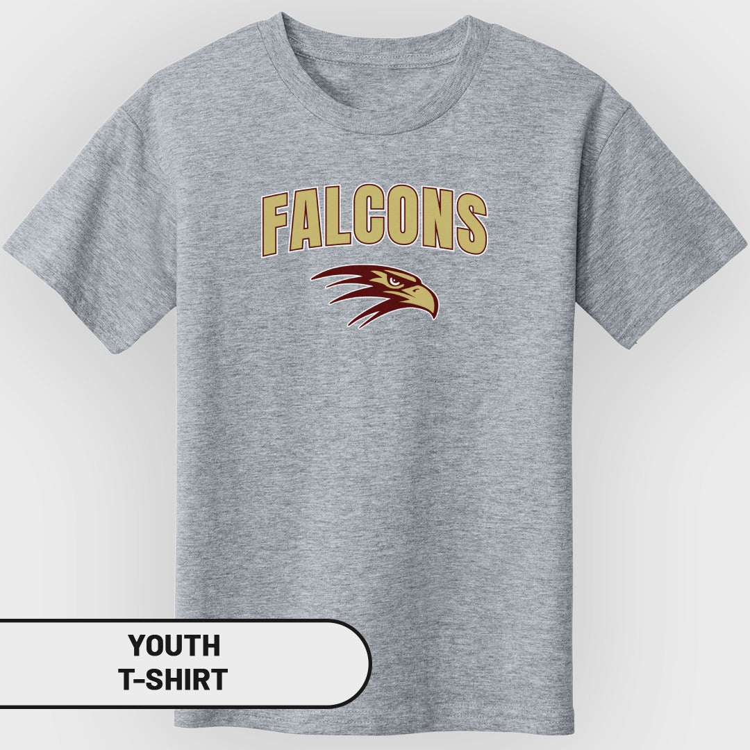 Grey youth t-shirt with "FALCONS" text and a falcon head logo.