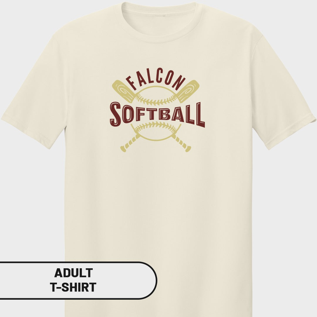 Cream adult t-shirt with "FALCON SOFTBALL" graphic and crossed bats.
